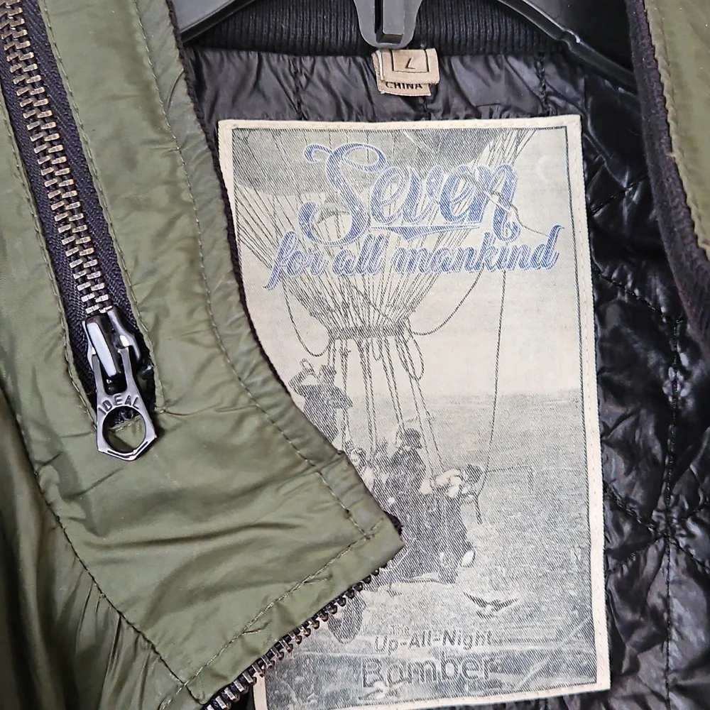 7 For All Mankind Military Green Lightweight Zip‎ Bomber Jacket Large